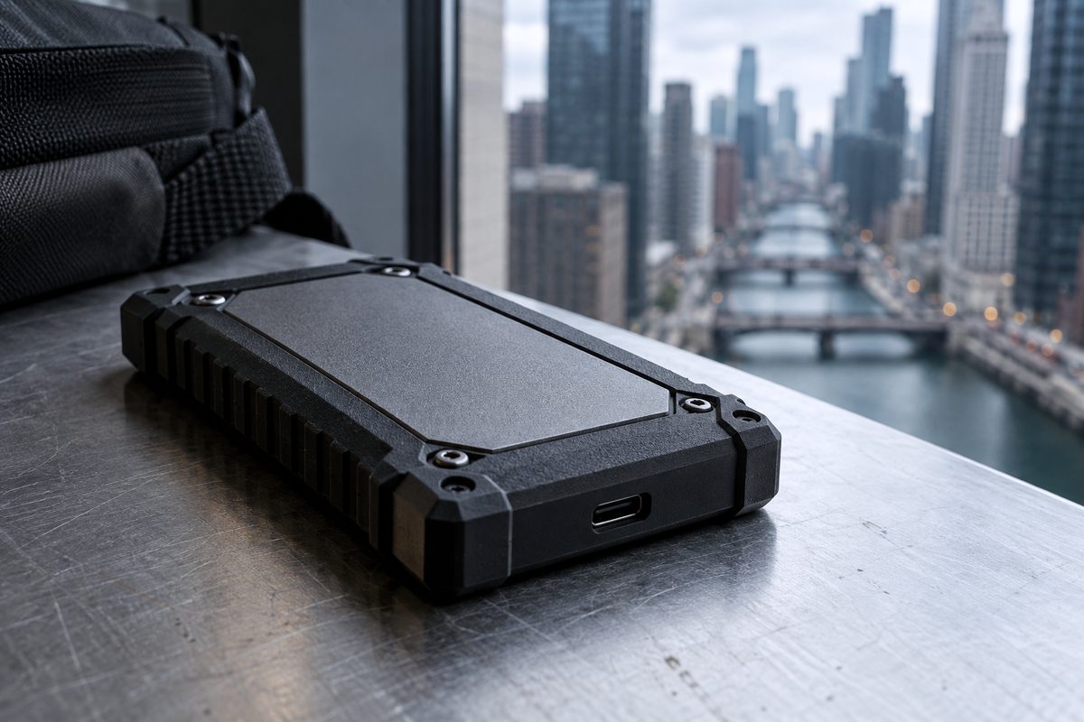 Ruggedized encrypted SSD storage drive representing secure data access and subject rights.
