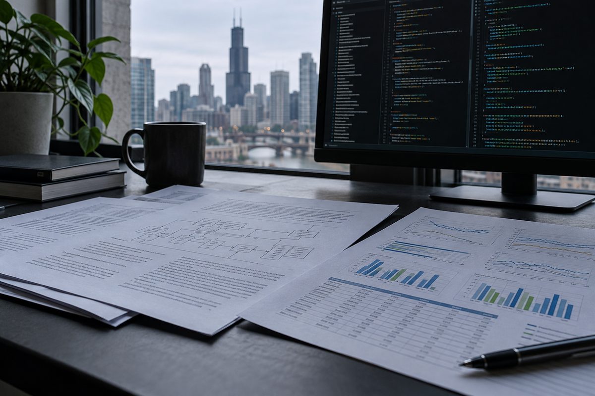 Technical documentation and benchmark readouts arranged on an engineering desk.