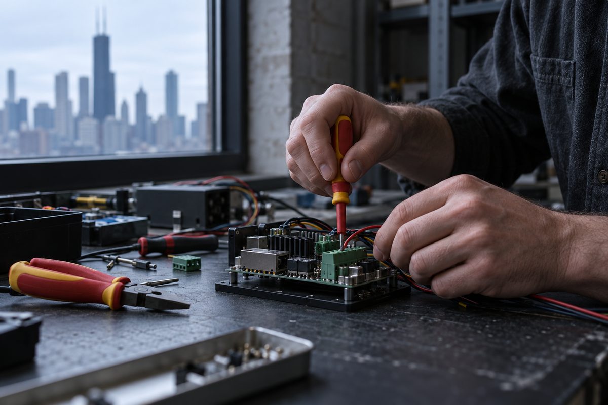 Hands carefully adjusting connection leads on a hardware prototyping board.