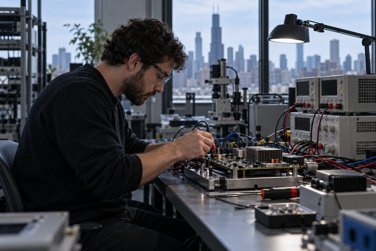 Hardware evaluation bench equipped with power meters and thermal diagnostic sensors.