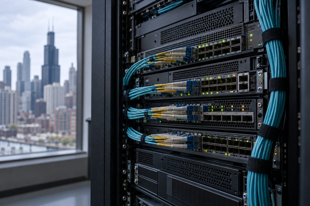 Enterprise server rack front panel with clean fiber optic cabling and active hardware indicators.
