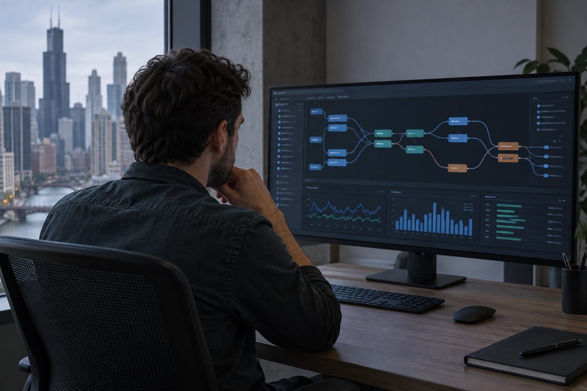 Technician monitoring automated workflow pipeline nodes on a wide desktop screen.