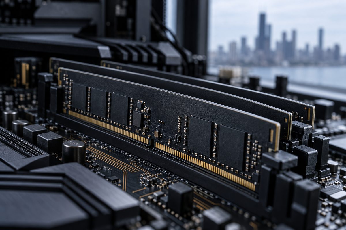 Close-up detail of high-speed memory modules installed on an advanced computing motherboard.